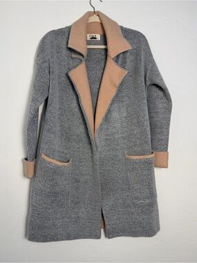 Cage Womens Small Sweater/Cardigan Longline Collared Grey/Pink Open-Front